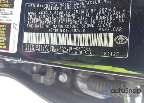 2016 Toyota Camry Se from USA, damaged, VIN 4T1BF1FK4GU597660